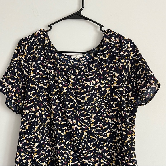 Pleione Navy Blue, Gold, Purple Abstract Print Short Sleeve Scoop Neck Blouse - Picture 2 of 5